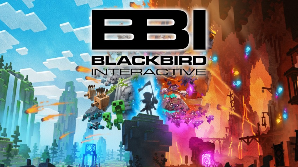 Logo for Blackbird Interactive over Minecraft Legends promo art