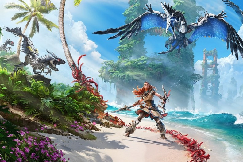 Horizon Forbidden West: Aloy on a beach looking up at a robotic bird.