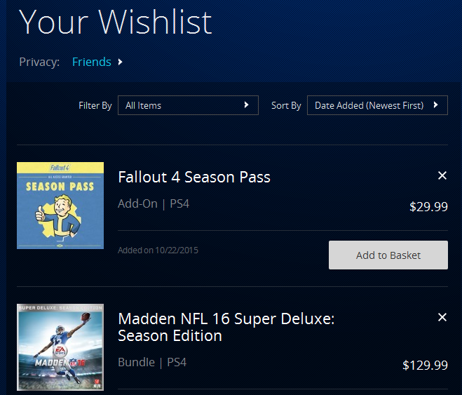 PlayStation Store Wishlist 